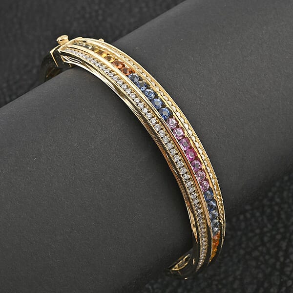 Clarte Prisma Collection Multi Sapphire And Moissanite 5.15 Ctw Bangle Bracelet In Vermeil Yellow Gold Over Sterling Silver (7.25 In)