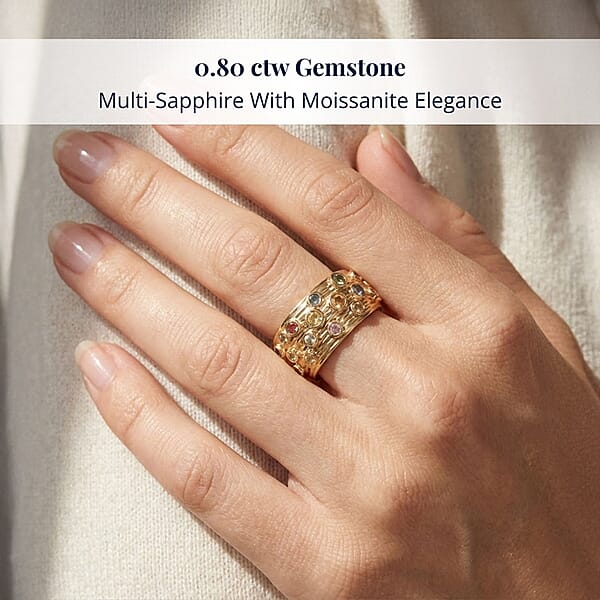 Clarte Sea Star Collection Multi Sapphire And Moissanite Ring In Vermeil Yellow Gold Over Sterling Silver 0.80 Ctw