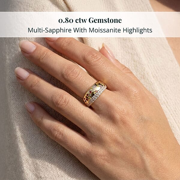 Clarte Sul Mare Collection Multi Sapphire And Moissanite Ring In Vermeil YG Over Sterling Silver 0.80 Ctw