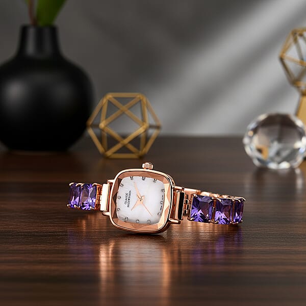 Classic Succession Austrian Crystal Miyota Japanese Movement Watch With Simulated Purple Diamond Strap In Rosetone And Stainless Steel Buckle 12.00 Ctw