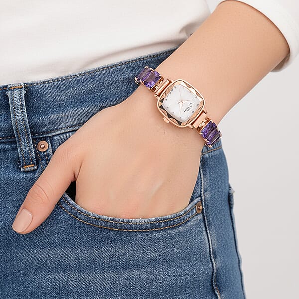 Classic Succession Austrian Crystal Miyota Japanese Movement Watch With Simulated Purple Diamond Strap In Rosetone And Stainless Steel Buckle 12.00 Ctw
