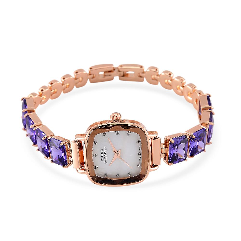 Classic Succession Austrian Crystal Miyota Japanese Movement Watch with Simulated Purple Diamond Strap in Rosetone and Stainless Steel Buckle 12.00 ctw