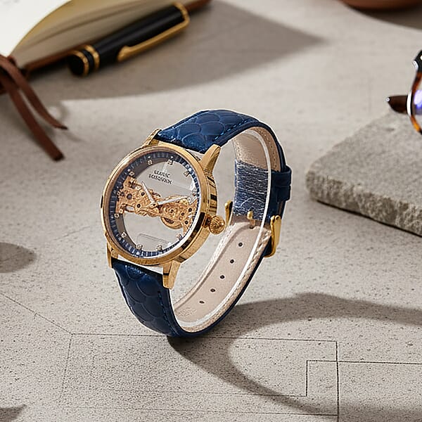 Classic Succession Automatic Mechanical Movement Austrian Crystal Watch In ION Plated YG Stainless Steel With Navy Blue Leather Strap (38.8mm)