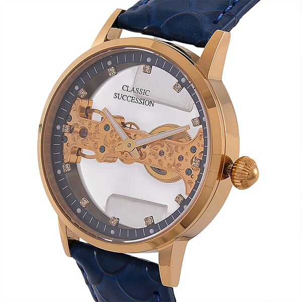 Classic Succession Automatic Mechanical Movement Austrian Crystal Watch In ION Plated YG Stainless Steel With Navy Blue Leather Strap (38.8mm)