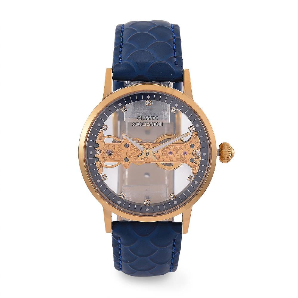 Classic Succession Automatic Mechanical Movement Austrian Crystal Watch in ION Plated YG Stainless Steel with Navy Blue Leather Strap (38.8mm)