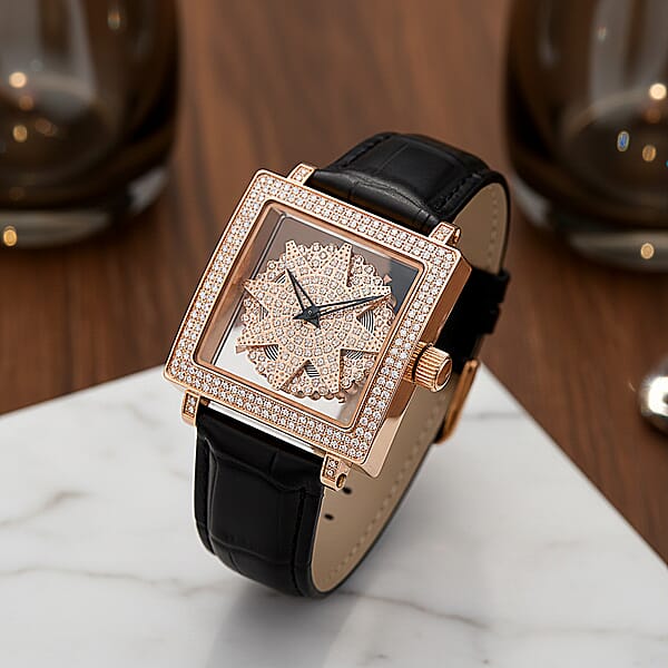 Classic Succession Miyota Japanese Movement Rotating Simulated Diamond Dail Watch With Black First Layer Cowhide Leather Strap 1.50 Ctw