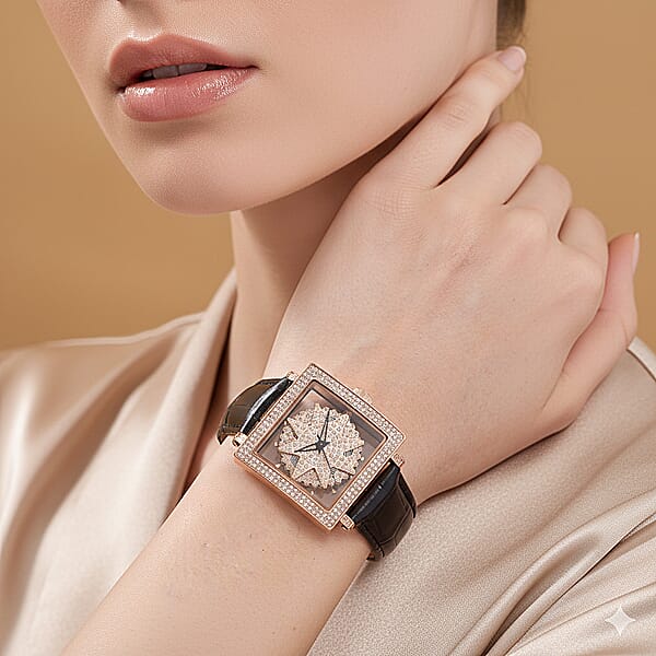 Classic Succession Miyota Japanese Movement Rotating Simulated Diamond Dail Watch With Black First Layer Cowhide Leather Strap 1.50 Ctw