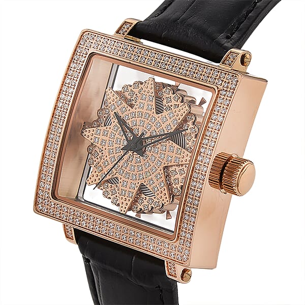 Classic Succession Miyota Japanese Movement Rotating Simulated Diamond Dail Watch With Black First Layer Cowhide Leather Strap 1.50 Ctw