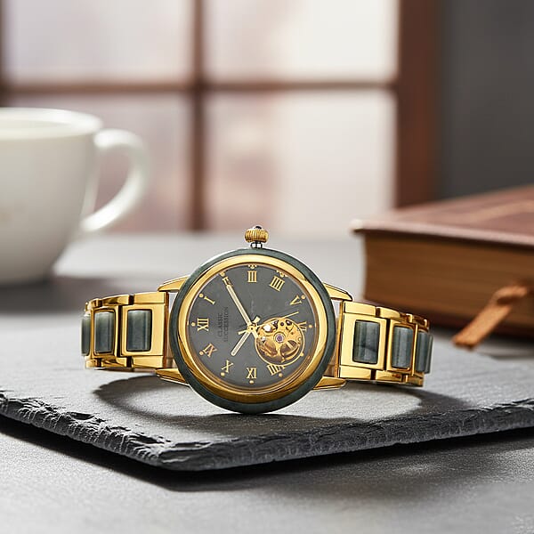 Classic Succession Olmec Jadeite Japanese Movement Watch In ION Plated YG Stainless Steel 80.00 Ctw