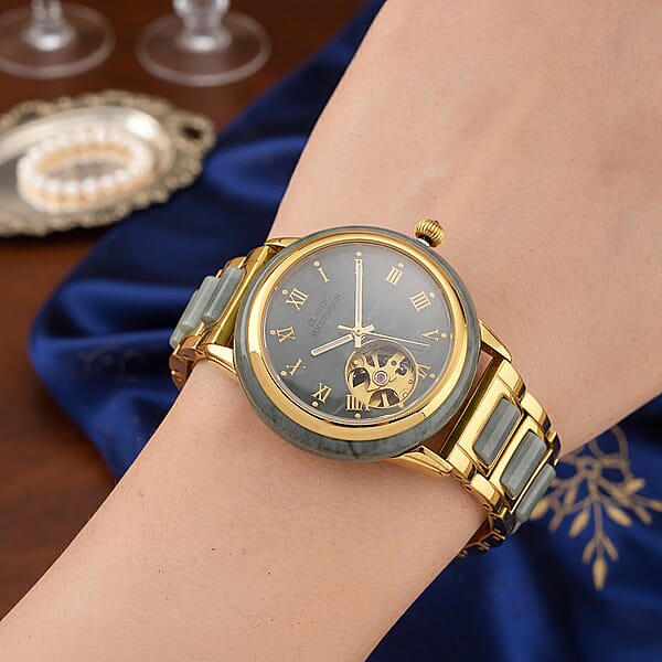 Classic Succession Olmec Jadeite Japanese Movement Watch In ION Plated YG Stainless Steel 80.00 Ctw