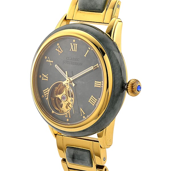 Classic Succession Olmec Jadeite Japanese Movement Watch In ION Plated YG Stainless Steel 80.00 Ctw