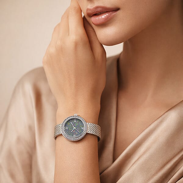 Classic Succession Simulated Diamond Swiss Movement Opal Dial Watch In Platinum Over Copper 1.20 Ctw