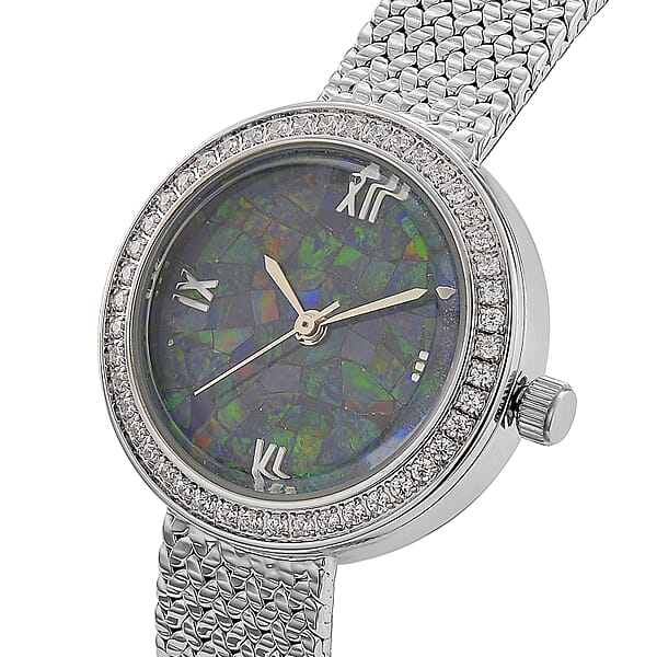 Classic Succession Simulated Diamond Swiss Movement Opal Dial Watch In Platinum Over Copper 1.20 Ctw