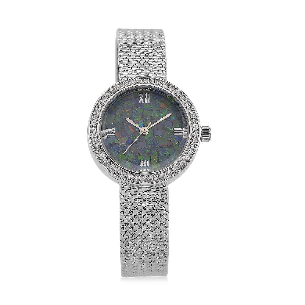 Classic Succession Simulated Diamond Swiss Movement Opal Dial Watch in Platinum Over Copper 1.20 ctw