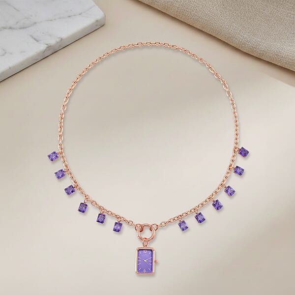 Classic Succession Simulated Purple Diamond Miyota Japanese Movement Watch In Rosetone With Stainless Steel Necklace (24 Inches) 18.00 Ctw