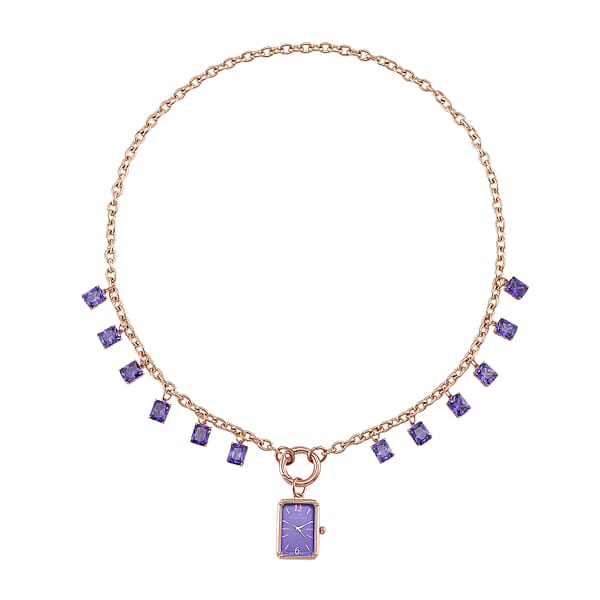 Classic Succession Simulated Purple Diamond Miyota Japanese Movement Watch In Rosetone With Stainless Steel Necklace (24 Inches) 18.00 Ctw