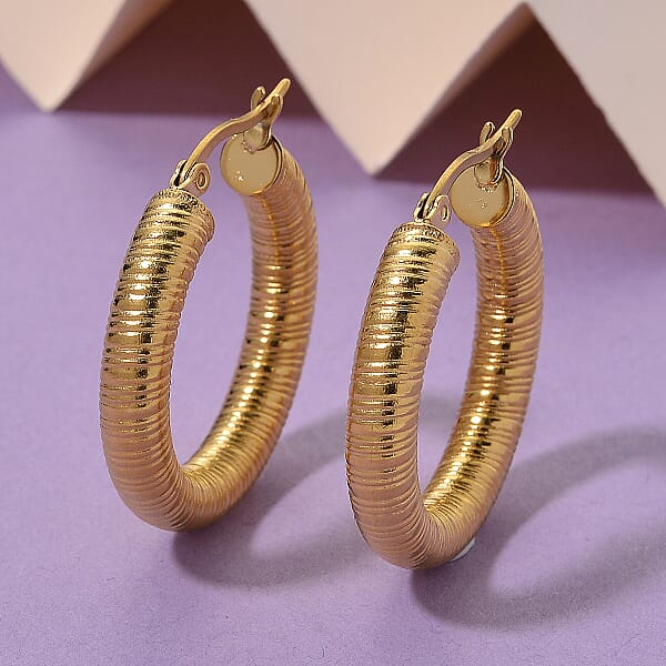 Classic Textured Hoop Earrings In ION Plated YG Stainless Steel