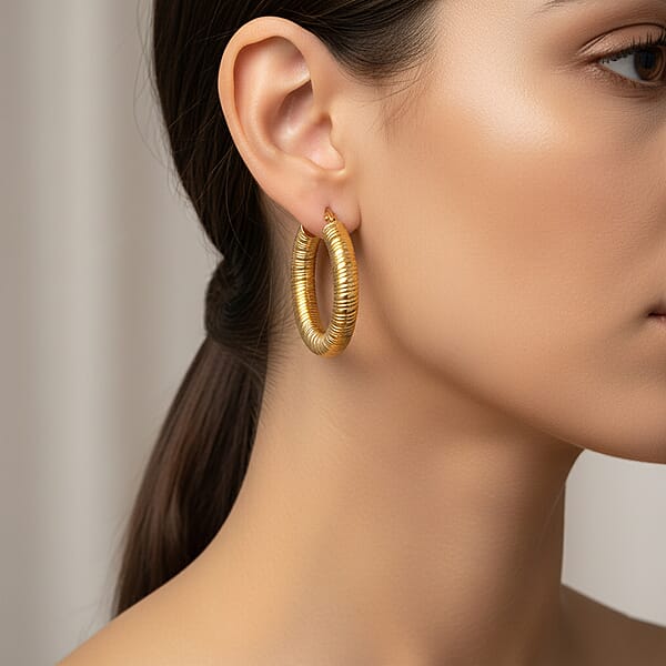 Classic Textured Hoop Earrings In ION Plated YG Stainless Steel