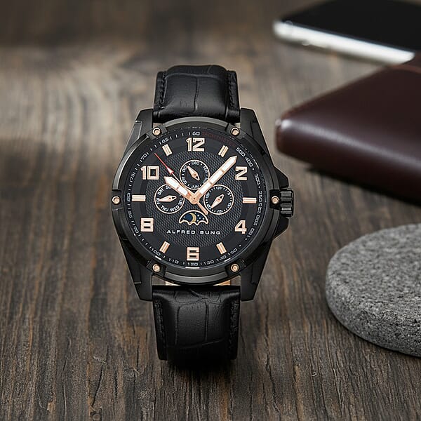 Closeout Alfred Sung ION Plated Black Japanese Movement 46mm Watch With Black Genuine Leather Strap