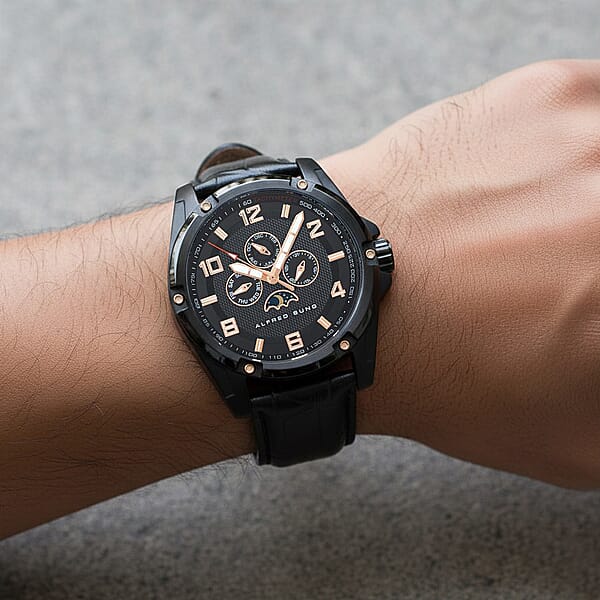 Closeout Alfred Sung ION Plated Black Japanese Movement 46mm Watch With Black Genuine Leather Strap