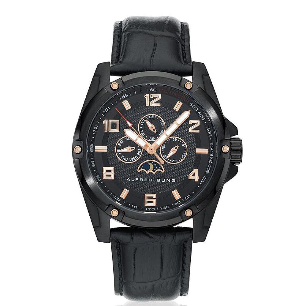 Closeout Alfred Sung ION Plated Black Japanese Movement 46mm Watch with Black Genuine Leather Strap