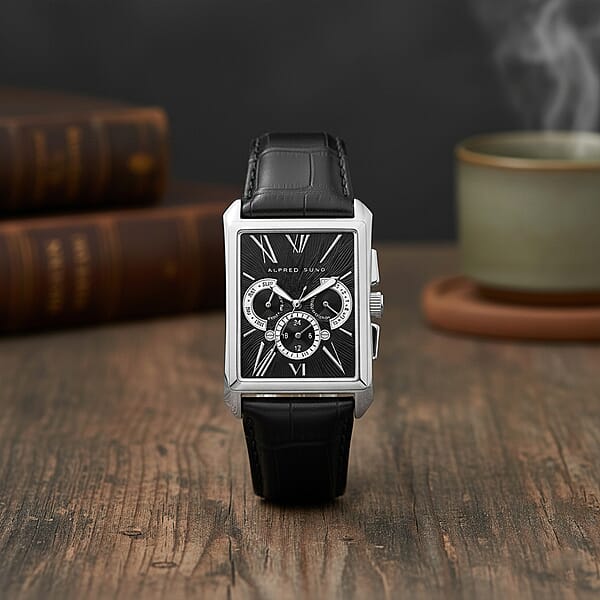 Closeout Alfred Sung Stainless Steel Japanese Movement Watch With Black Genuine Leather Strap