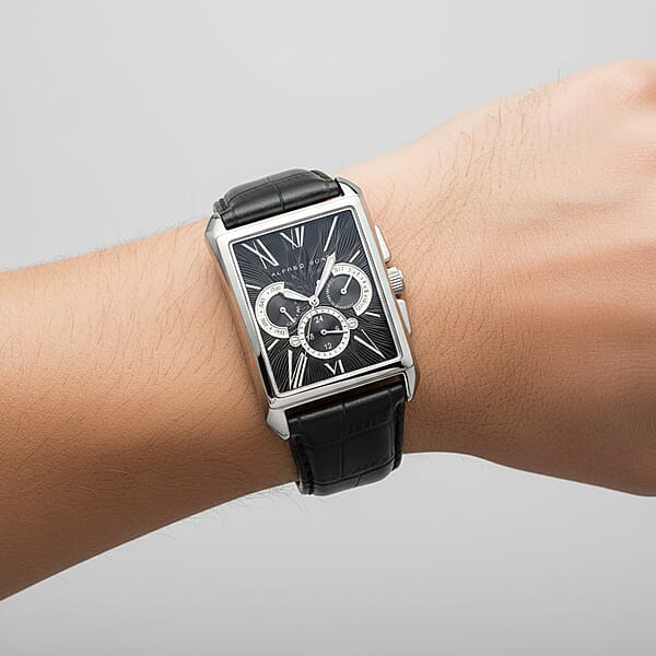 Closeout Alfred Sung Stainless Steel Japanese Movement Watch With Black Genuine Leather Strap