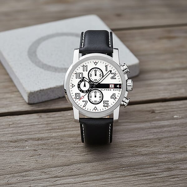 Closeout Alfred Sung Stainless Steel Japanese Movement 46mm Watch With Black Genuine Leather Strap
