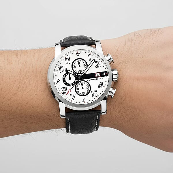 Closeout Alfred Sung Stainless Steel Japanese Movement 46mm Watch With Black Genuine Leather Strap