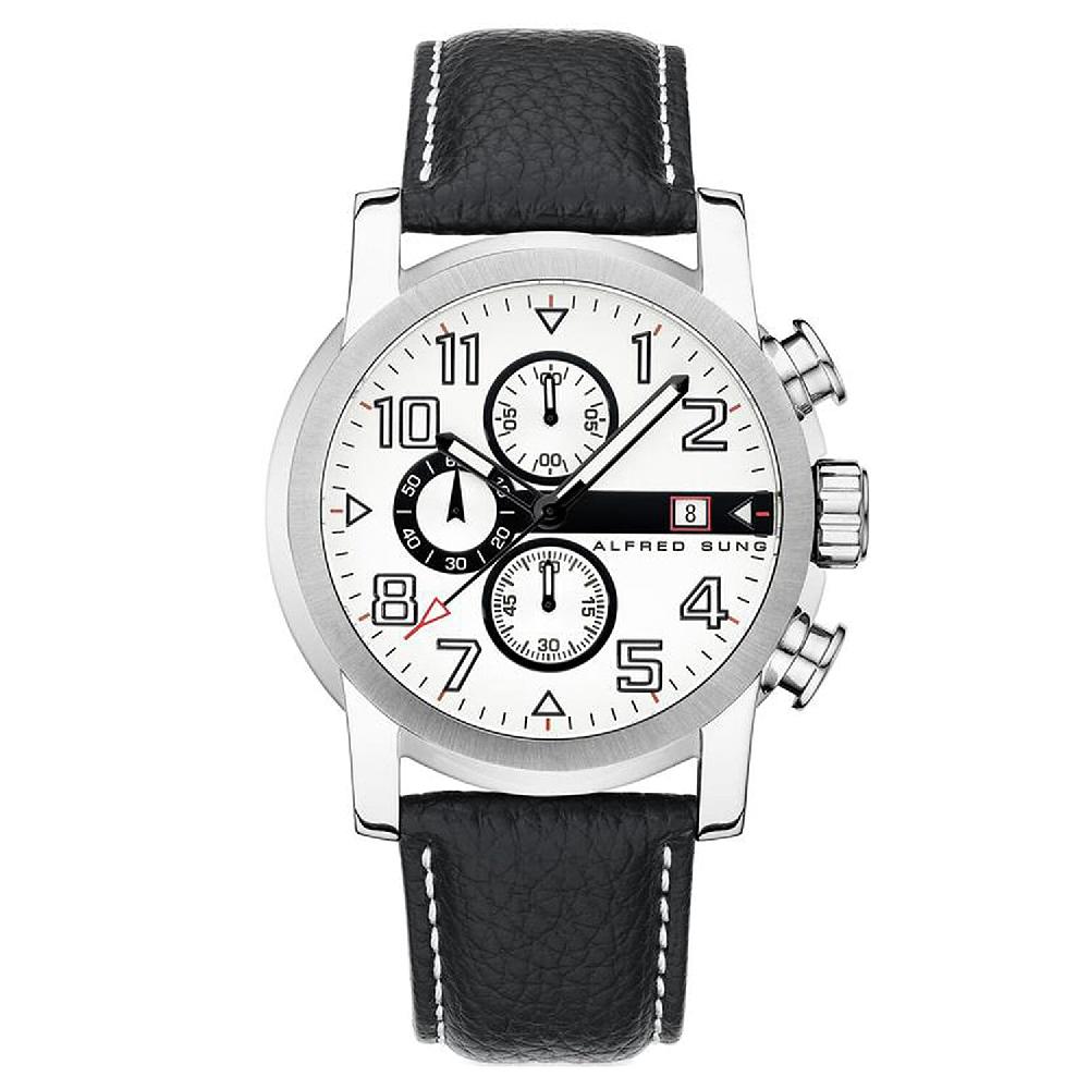 Closeout Alfred Sung Stainless Steel Japanese Movement 46mm Watch with Black Genuine Leather Strap