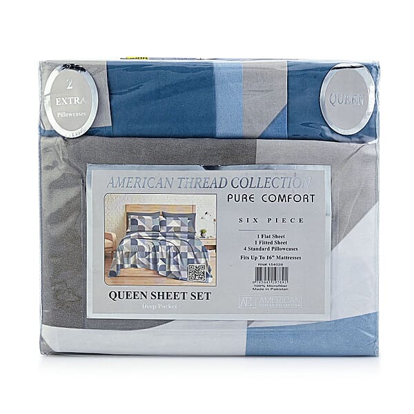 Closeout American Thread Collection 6pc Grey & Blue Geometric Microfiber Sheet Set -Twin