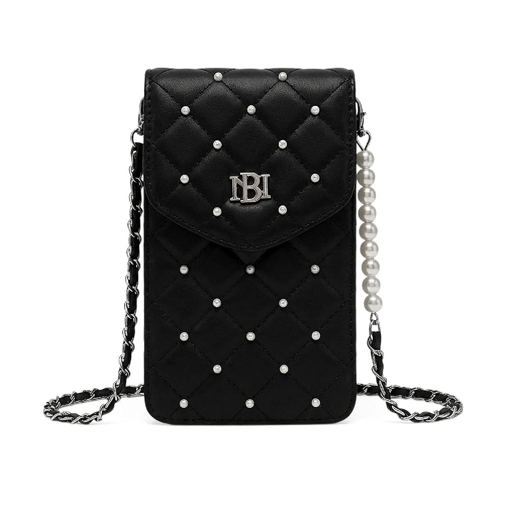Closeout Badgley Mischka Black Vegan Leather Quilted Pearl Cell Phone Crossbody Bag