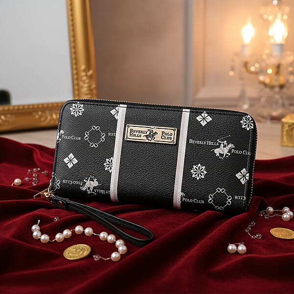 Closeout Beverly Hills Polo Club Black Faux Leather Multi Pattern Wristlet Wallet