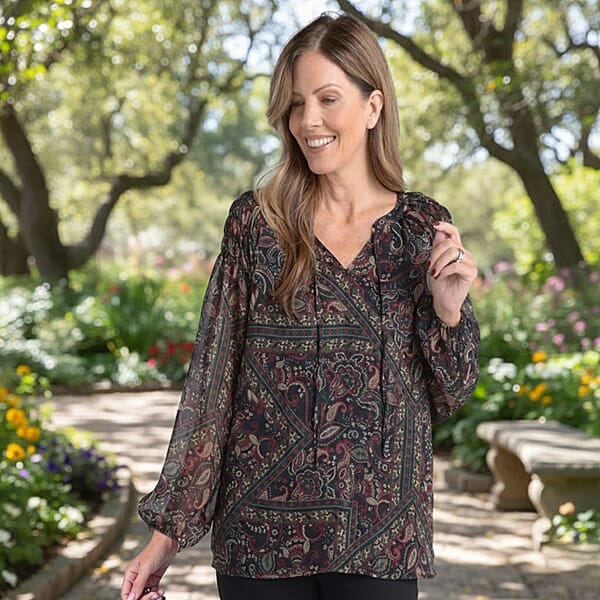 Closeout Christopher & Banks Black Printed Tie Neck Chiffon Blouse - Large