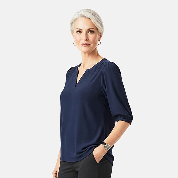 Closeout Christopher & Banks Blue Novelty Split Neck Ruffled Puff Sleeve Tee - Large