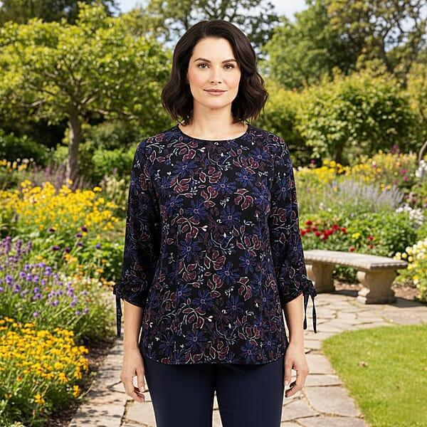 Closeout Christopher & Banks Navy Floral Printed Jewel Neck Long Sleeve Blouse - Large