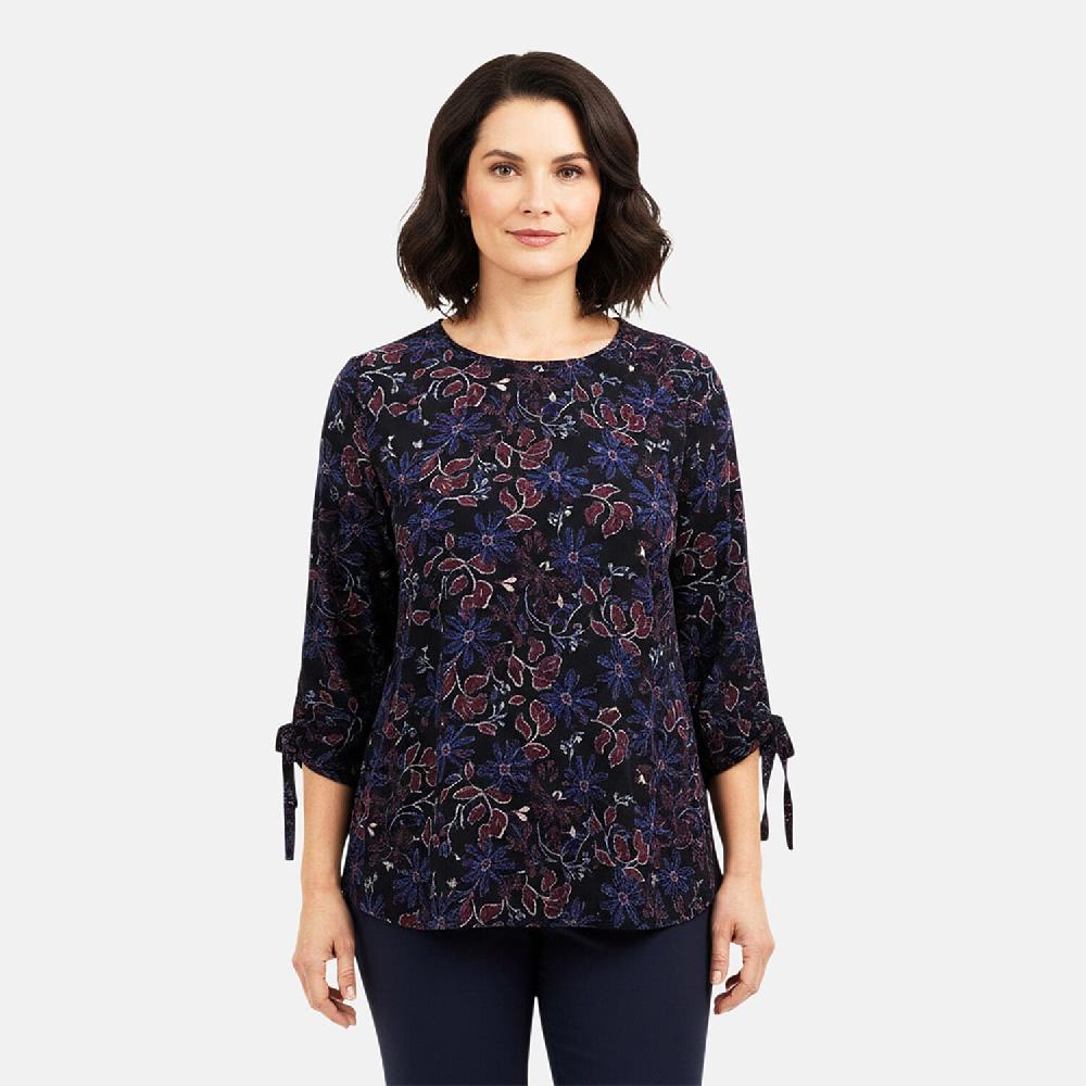 Closeout Christopher & Banks Navy Floral Printed Jewel Neck Long Sleeve Blouse - Large
