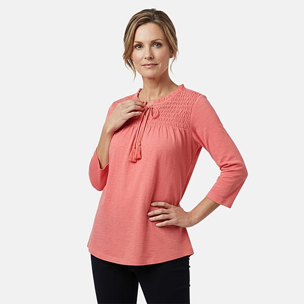 Closeout Christopher & Banks Pink Smocked Tie Neck 3/4 Sleeve Top - Medium