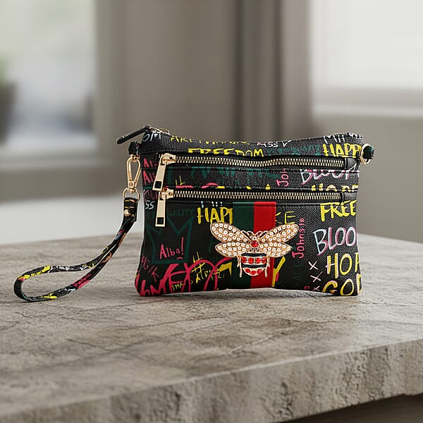 Closeout Chunma Black And Multi Color Graffiti Bee Faux Leather Clutch Crossbody Bag