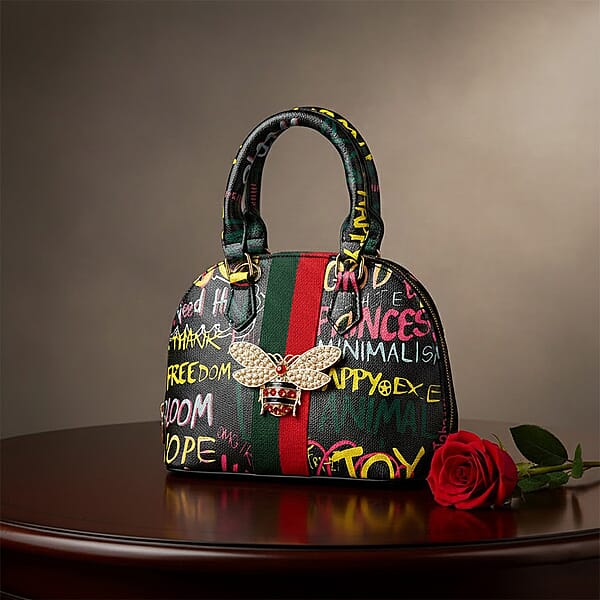 Closeout Chunma Black And Multi Color Graffiti Bee Faux Leather Satchel Bag
