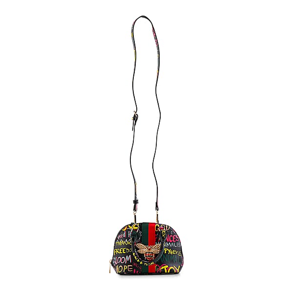 Closeout Chunma Black And Multi Color Graffiti Bee Faux Leather Satchel Bag