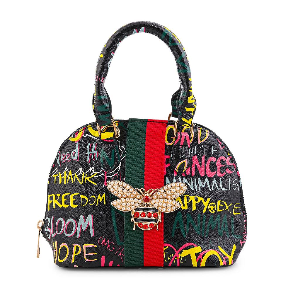 Closeout Chunma Black and Multi Color Graffiti Bee Faux Leather Satchel Bag