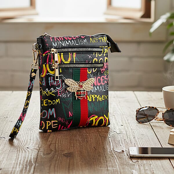 Closeout Chunma Black And Multi Color Graffiti Bee Faux Leather Clutch Crossbody Bag