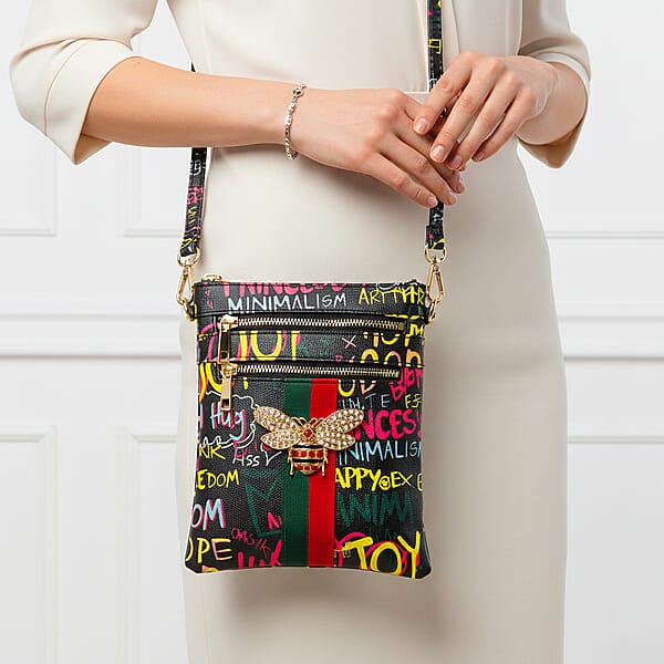 Closeout Chunma Black And Multi Color Graffiti Bee Faux Leather Clutch Crossbody Bag