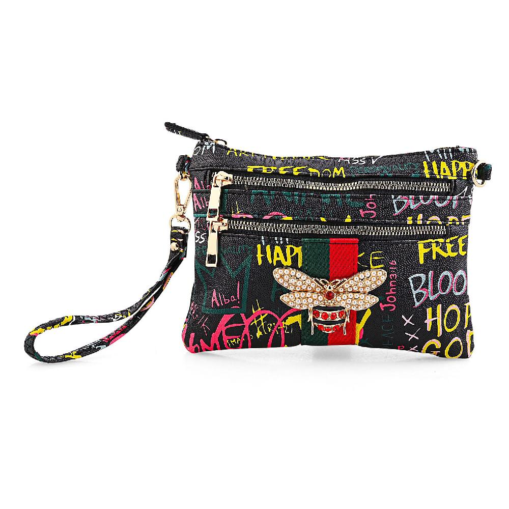Closeout Chunma Black and Multi Color Graffiti Bee Faux Leather Clutch Crossbody Bag