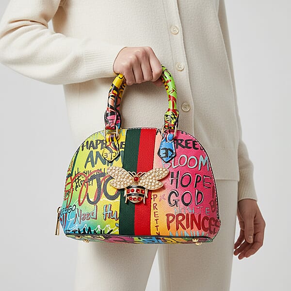 Closeout Chunma Multi Color Graffiti Bee Faux Leather Satchel Bag