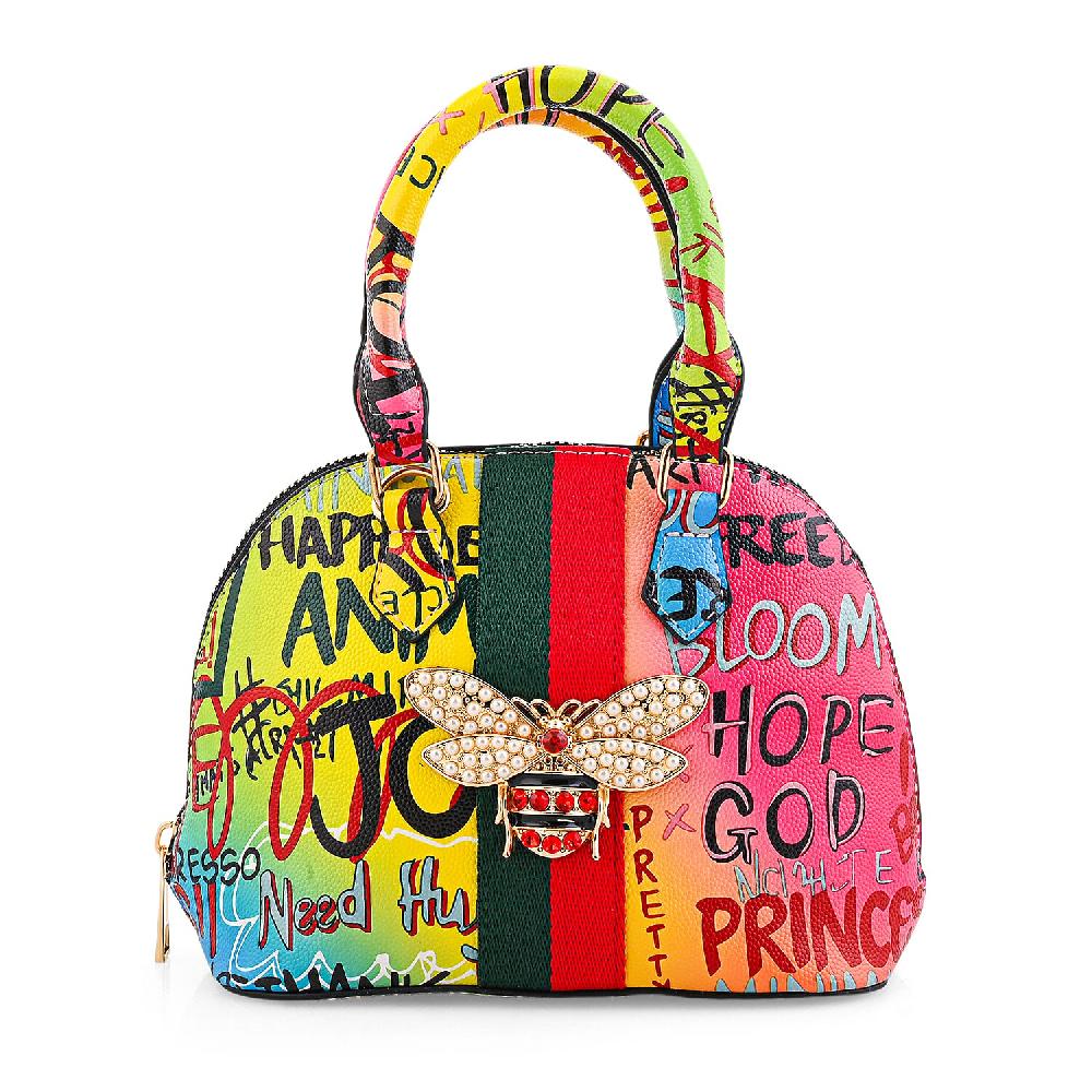 Closeout Chunma Multi Color Graffiti Bee Faux Leather Satchel Bag