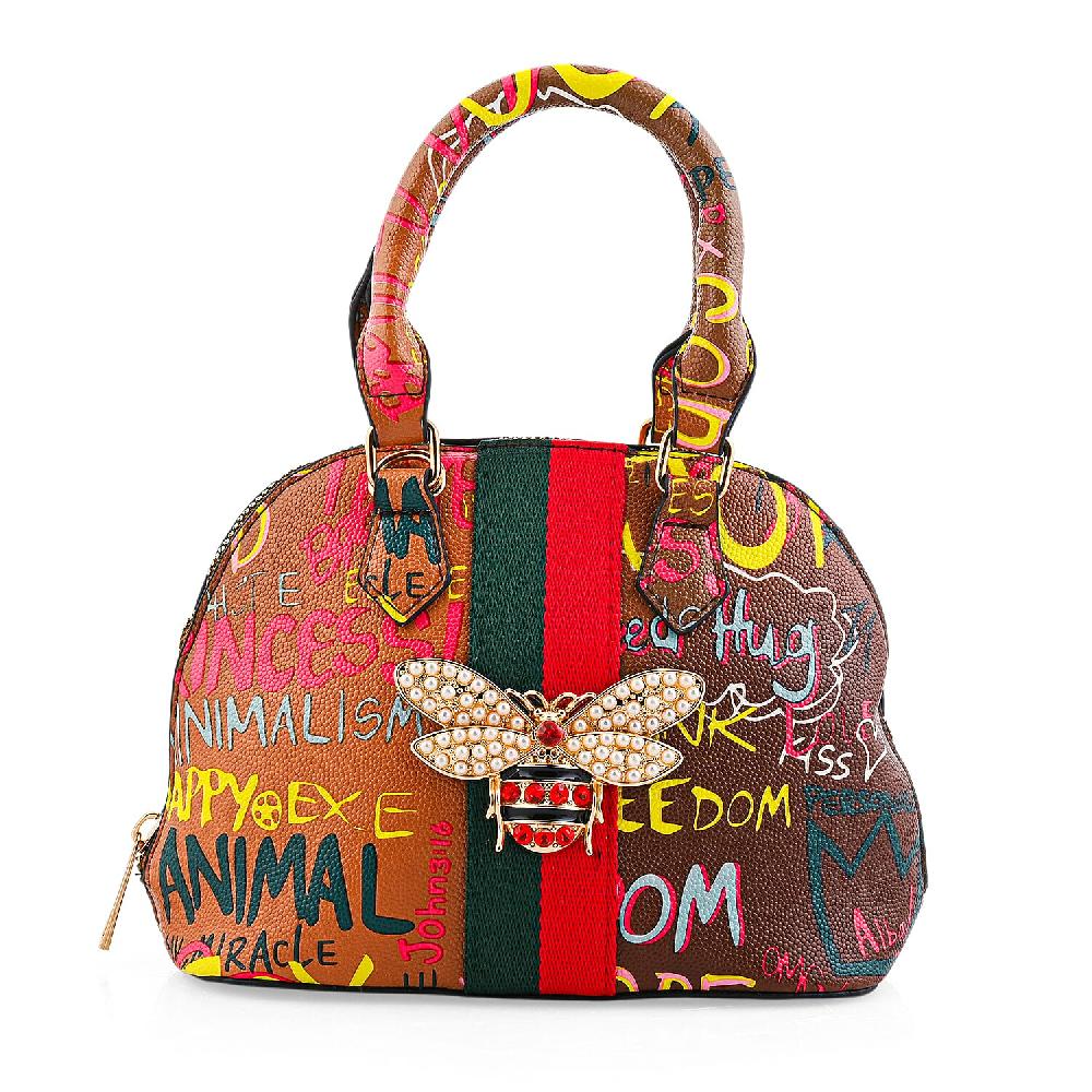 Closeout Chunma Tan and Multi Color Graffiti Bee Faux Leather Satchel Bag