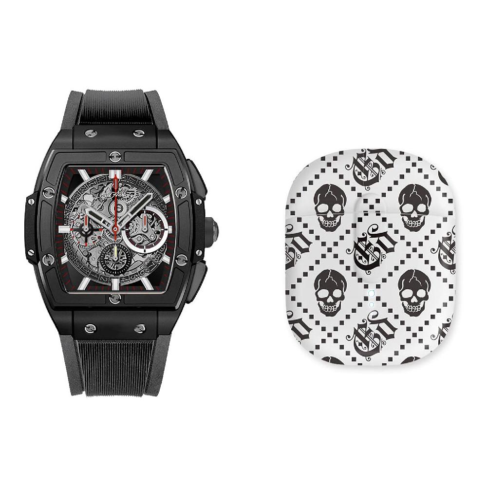 Closeout Ed Hardy Square Watch with Faux Leather Strap & Earbuds Set