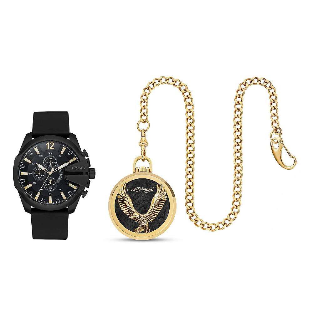 Closeout Ed Hardy Watch with Black Faux Leather Strap & Pocket Watch Set